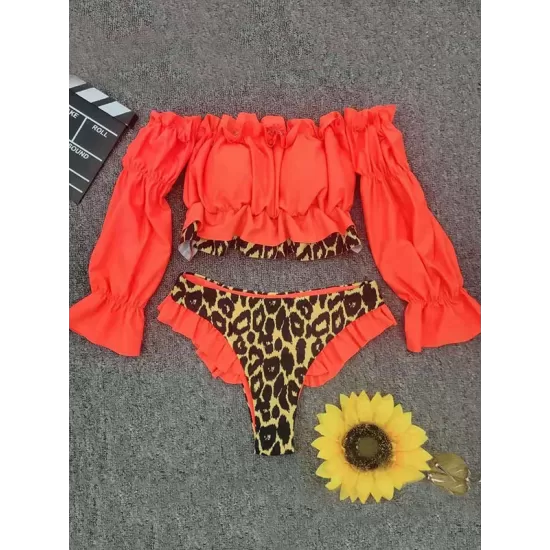 Off-The-Shoulder Pleated Split-Joint Leopard Print Brazilian Wetsuit Off-The-Shoulder Pleated Split-Joint Leopard Print Brazilian Wetsuit