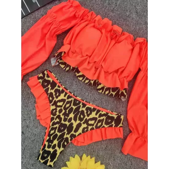 Off-The-Shoulder Pleated Split-Joint Leopard Print Brazilian Wetsuit Off-The-Shoulder Pleated Split-Joint Leopard Print Brazilian Wetsuit