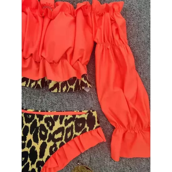 Off-The-Shoulder Pleated Split-Joint Leopard Print Brazilian Wetsuit Off-The-Shoulder Pleated Split-Joint Leopard Print Brazilian Wetsuit