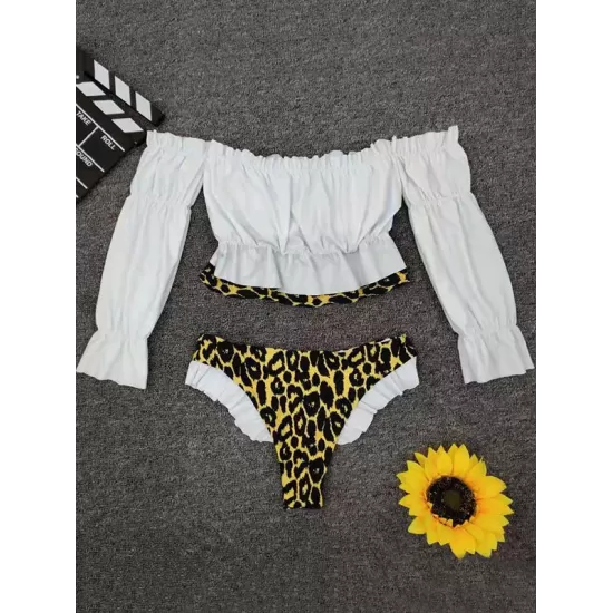 Off-The-Shoulder Pleated Split-Joint Leopard Print Brazilian Wetsuit Off-The-Shoulder Pleated Split-Joint Leopard Print Brazilian Wetsuit