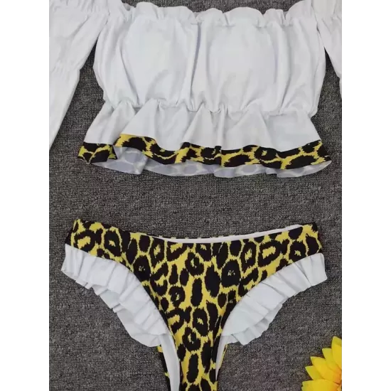 Off-The-Shoulder Pleated Split-Joint Leopard Print Brazilian Wetsuit Off-The-Shoulder Pleated Split-Joint Leopard Print Brazilian Wetsuit