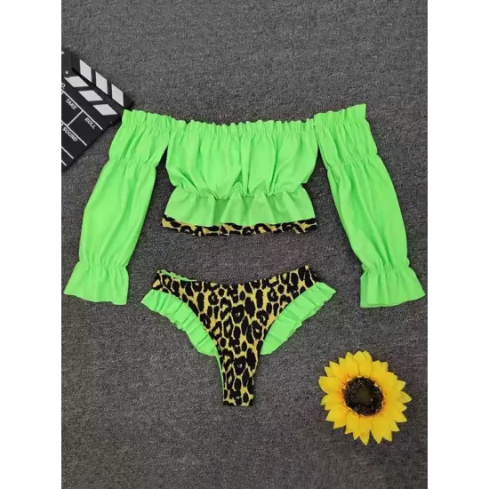 Off-The-Shoulder Pleated Split-Joint Leopard Print Brazilian Wetsuit Off-The-Shoulder Pleated Split-Joint Leopard Print Brazilian Wetsuit