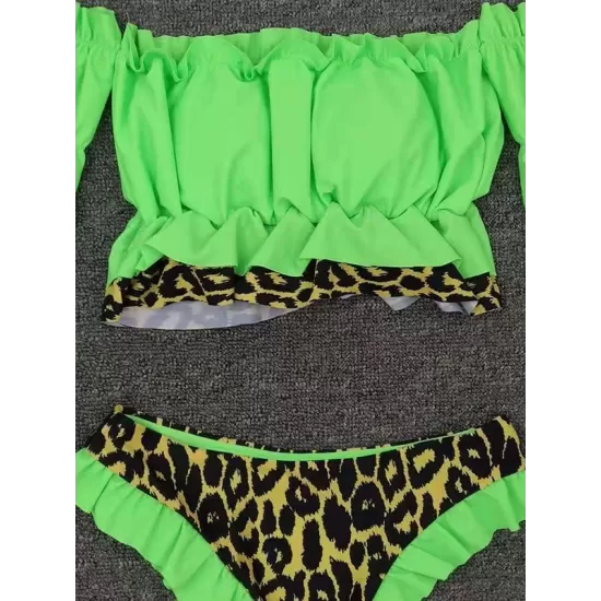 Off-The-Shoulder Pleated Split-Joint Leopard Print Brazilian Wetsuit Off-The-Shoulder Pleated Split-Joint Leopard Print Brazilian Wetsuit