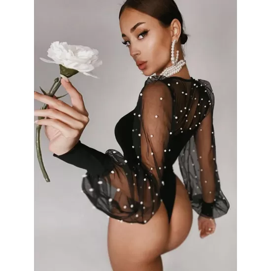 Sexy Beaded Decorated Split-Joint Mesh Long Sleeve One-Piece Wetsuit Swimwear Sexy Beaded Decorated Split-Joint Mesh Long Sleeve One-Piece Wetsuit Swimwear