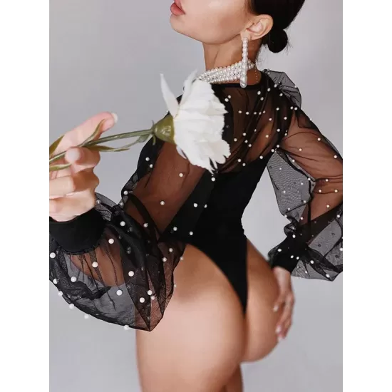 Sexy Beaded Decorated Split-Joint Mesh Long Sleeve One-Piece Wetsuit Swimwear Sexy Beaded Decorated Split-Joint Mesh Long Sleeve One-Piece Wetsuit Swimwear