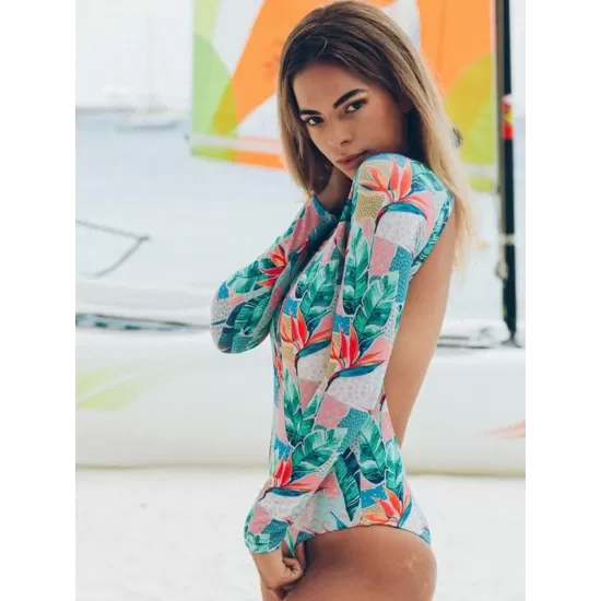 Floral-Print Long Sleeve Zipper Wetsuit Floral-Print Long Sleeve Zipper Wetsuit