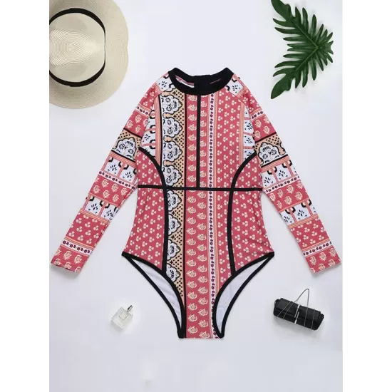 Long Sleeve Ethnic Print Round-Neck Zipper Wetsuit Long Sleeve Ethnic Print Round-Neck Zipper Wetsuit