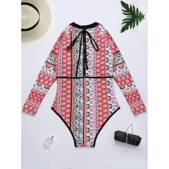 Long Sleeve Ethnic Print Round-Neck Zipper Wetsuit Long Sleeve Ethnic Print Round-Neck Zipper Wetsuit