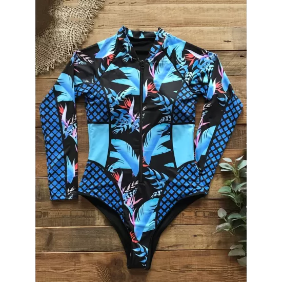 Rash Guard Floral Zipper Tight One-Piece Wetsuit Swimwear Rash Guard Floral Zipper Tight One-Piece Wetsuit Swimwear