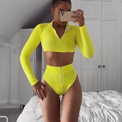 Rash Guard Tulle Long Sleeves High-Waisted Zipper Bikini Wetsuit Swimwear