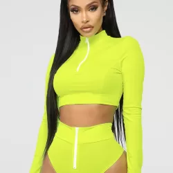 Rash Guard Tulle Long Sleeves High-Waisted Zipper Bikini Wetsuit Swimwear