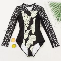 Long Sleeve Color-Block Floral Zipper Rash Guard
