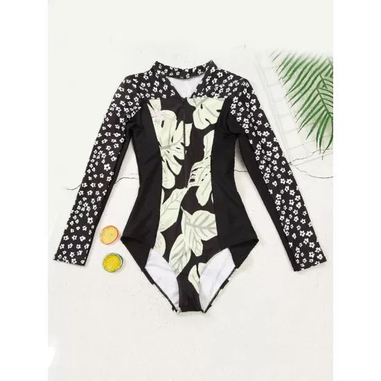 Long Sleeve Color-Block Floral Zipper Rash Guard Long Sleeve Color-Block Floral Zipper Rash Guard