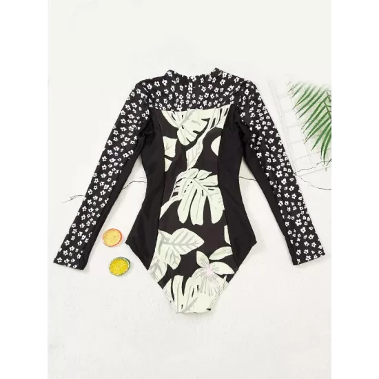 Long Sleeve Color-Block Floral Zipper Rash Guard Long Sleeve Color-Block Floral Zipper Rash Guard