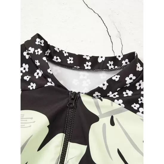 Long Sleeve Color-Block Floral Zipper Rash Guard Long Sleeve Color-Block Floral Zipper Rash Guard