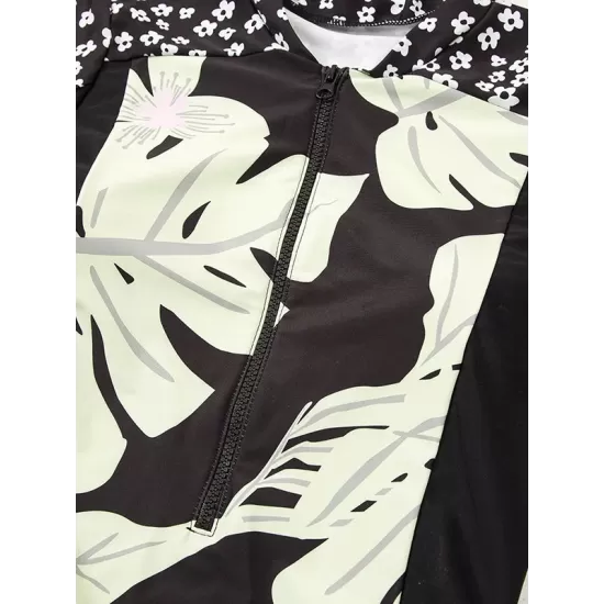 Long Sleeve Color-Block Floral Zipper Rash Guard Long Sleeve Color-Block Floral Zipper Rash Guard