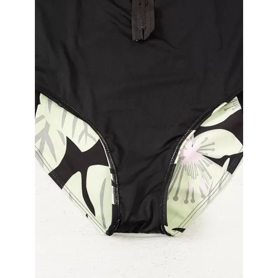 Long Sleeve Color-Block Floral Zipper Rash Guard Long Sleeve Color-Block Floral Zipper Rash Guard