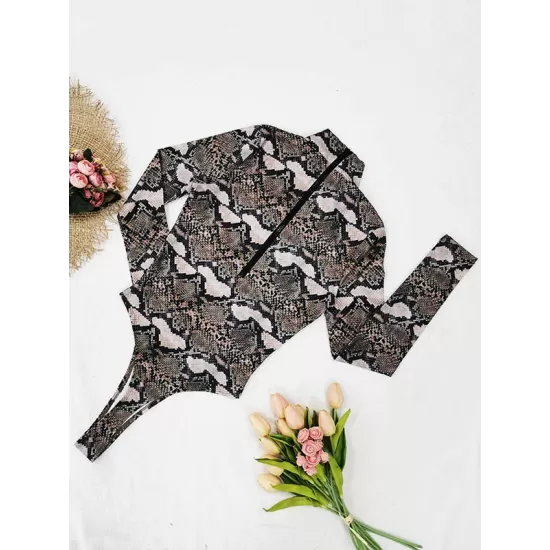 Floral Snake Print Long Sleeve Zipper Wetsuit Swimwear Floral Snake Print Long Sleeve Zipper Wetsuit Swimwear
