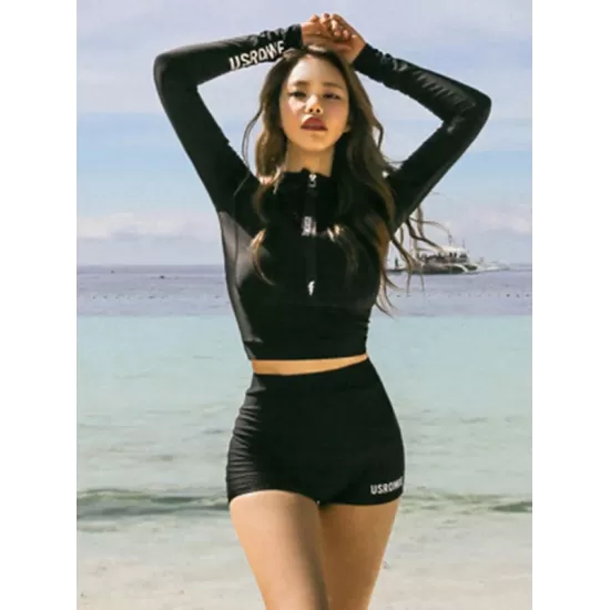 Long Sleeve Zipper Padded High-Waisted Split Rash Guard Swimwear Long Sleeve Zipper Padded High-Waisted Split Rash Guard Swimwear