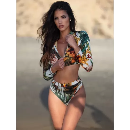 Deep V-Neck Zipper Long Sleeve High-Waisted Floral Split Wetsuit Swimwear Deep V-Neck Zipper Long Sleeve High-Waisted Floral Split Wetsuit Swimwear
