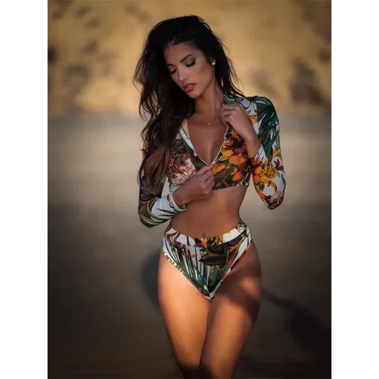Deep V-Neck Zipper Long Sleeve High-Waisted Floral Split Wetsuit Swimwear Deep V-Neck Zipper Long Sleeve High-Waisted Floral Split Wetsuit Swimwear