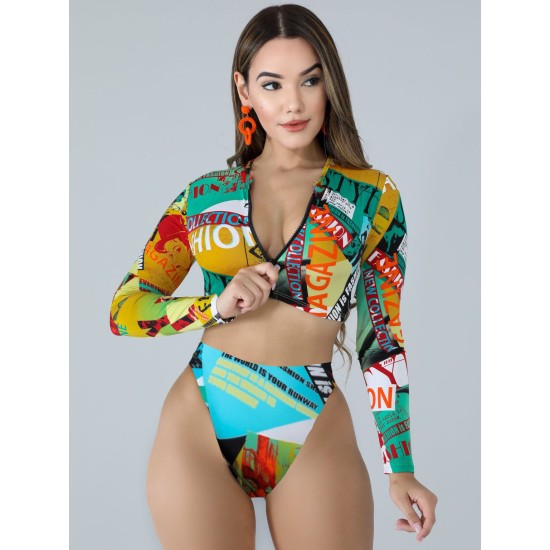 Long Sleeve Print Zipper Wetsuit High-Waisted Split Rash Guards Long Sleeve Print Zipper Wetsuit High-Waisted Split Rash Guards