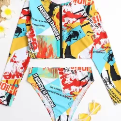 Long Sleeve Print Zipper Wetsuit High-Waisted Split Rash Guards