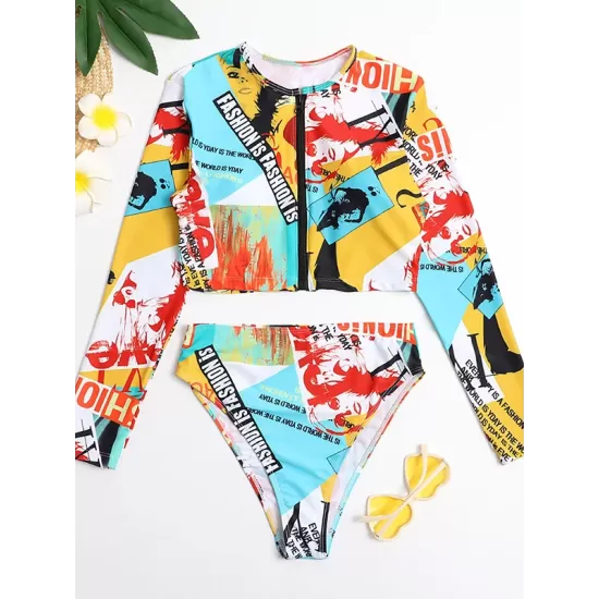 Long Sleeve Print Zipper Wetsuit High-Waisted Split Rash Guards Long Sleeve Print Zipper Wetsuit High-Waisted Split Rash Guards