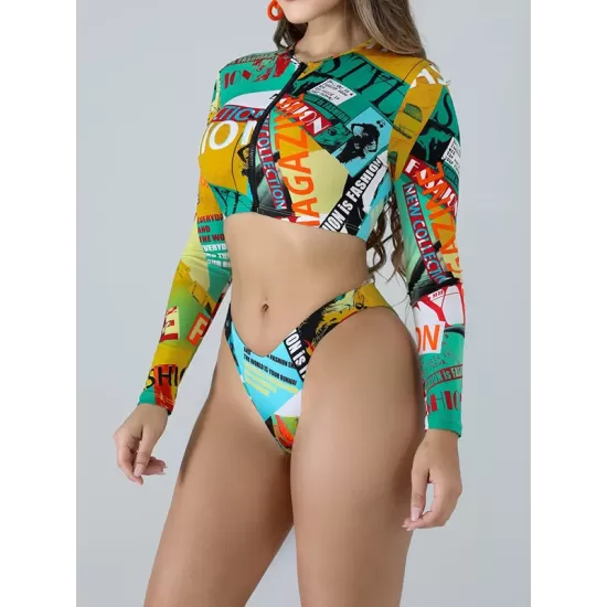 Long Sleeve Print Zipper Wetsuit High-Waisted Split Rash Guards Long Sleeve Print Zipper Wetsuit High-Waisted Split Rash Guards