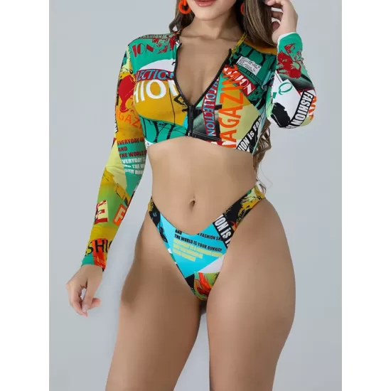 Long Sleeve Print Zipper Wetsuit High-Waisted Split Rash Guards Long Sleeve Print Zipper Wetsuit High-Waisted Split Rash Guards