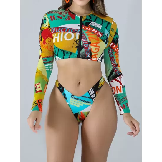 Long Sleeve Print Zipper Wetsuit High-Waisted Split Rash Guards Long Sleeve Print Zipper Wetsuit High-Waisted Split Rash Guards