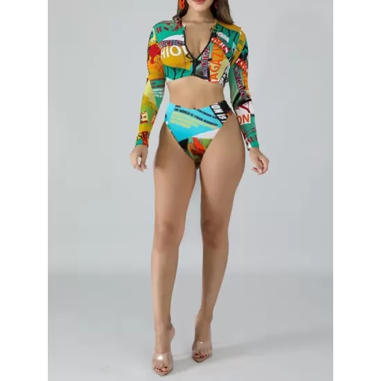 Long Sleeve Print Zipper Wetsuit High-Waisted Split Rash Guards Long Sleeve Print Zipper Wetsuit High-Waisted Split Rash Guards