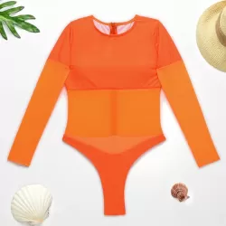 Solid Color See-Through Gauze Split-Joint Long Sleeve One-Piece Wetsuit