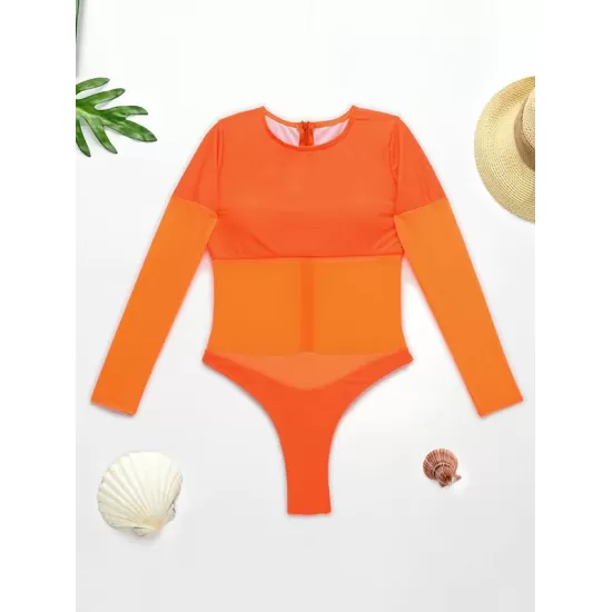 Solid Color See-Through Gauze Split-Joint Long Sleeve One-Piece Wetsuit Solid Color See-Through Gauze Split-Joint Long Sleeve One-Piece Wetsuit
