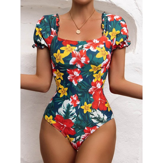 Square-Neck Puff Sleeves Floral Sexy Slim Fashin One-Piece Wetsuit Swimwear Square-Neck Puff Sleeves Floral Sexy Slim Fashin One-Piece Wetsuit Swimwear