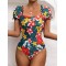Square-Neck Puff Sleeves Floral Sexy Slim Fashin One-Piece Wetsuit Swimwear