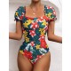 Square-Neck Puff Sleeves Floral Sexy Slim Fashin One-Piece Wetsuit Swimwear Square-Neck Puff Sleeves Floral Sexy Slim Fashin One-Piece Wetsuit Swimwear