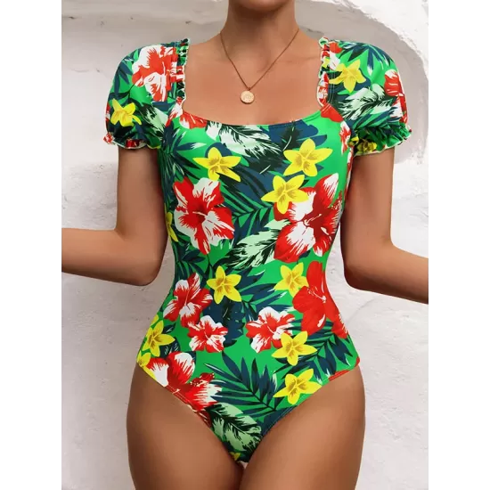 Square-Neck Puff Sleeves Floral Sexy Slim Fashin One-Piece Wetsuit Swimwear Square-Neck Puff Sleeves Floral Sexy Slim Fashin One-Piece Wetsuit Swimwear