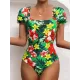 Square-Neck Puff Sleeves Floral Sexy Slim Fashin One-Piece Wetsuit Swimwear Square-Neck Puff Sleeves Floral Sexy Slim Fashin One-Piece Wetsuit Swimwear