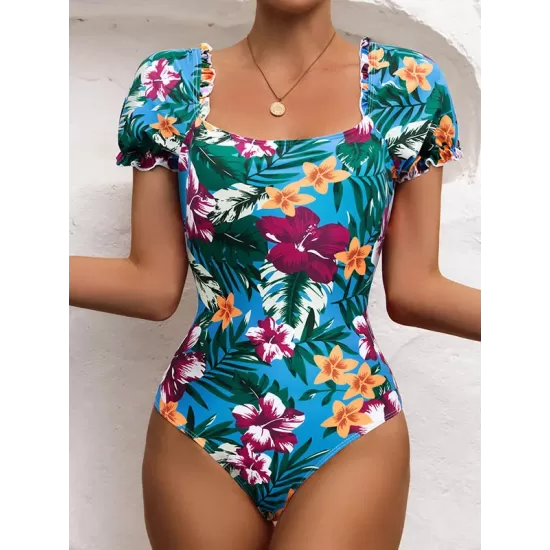 Square-Neck Puff Sleeves Floral Sexy Slim Fashin One-Piece Wetsuit Swimwear Square-Neck Puff Sleeves Floral Sexy Slim Fashin One-Piece Wetsuit Swimwear