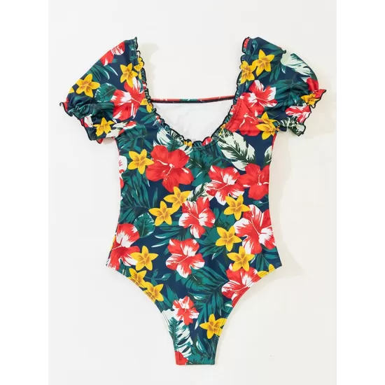 Square-Neck Puff Sleeves Floral Sexy Slim Fashin One-Piece Wetsuit Swimwear Square-Neck Puff Sleeves Floral Sexy Slim Fashin One-Piece Wetsuit Swimwear