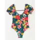 Square-Neck Puff Sleeves Floral Sexy Slim Fashin One-Piece Wetsuit Swimwear Square-Neck Puff Sleeves Floral Sexy Slim Fashin One-Piece Wetsuit Swimwear