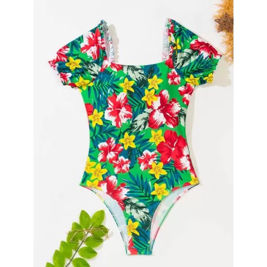 Square-Neck Puff Sleeves Floral Sexy Slim Fashin One-Piece Wetsuit Swimwear Square-Neck Puff Sleeves Floral Sexy Slim Fashin One-Piece Wetsuit Swimwear