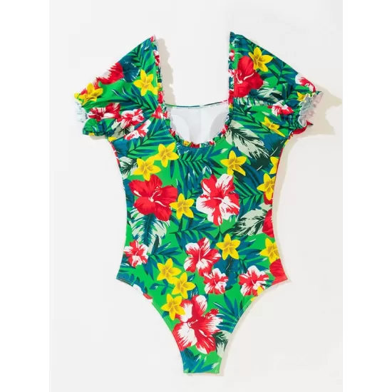 Square-Neck Puff Sleeves Floral Sexy Slim Fashin One-Piece Wetsuit Swimwear Square-Neck Puff Sleeves Floral Sexy Slim Fashin One-Piece Wetsuit Swimwear