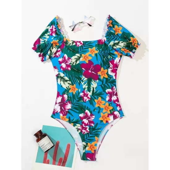 Square-Neck Puff Sleeves Floral Sexy Slim Fashin One-Piece Wetsuit Swimwear Square-Neck Puff Sleeves Floral Sexy Slim Fashin One-Piece Wetsuit Swimwear
