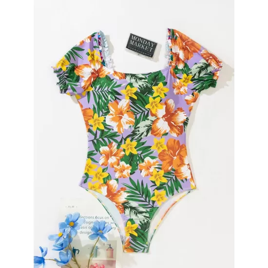 Square-Neck Puff Sleeves Floral Sexy Slim Fashin One-Piece Wetsuit Swimwear Square-Neck Puff Sleeves Floral Sexy Slim Fashin One-Piece Wetsuit Swimwear