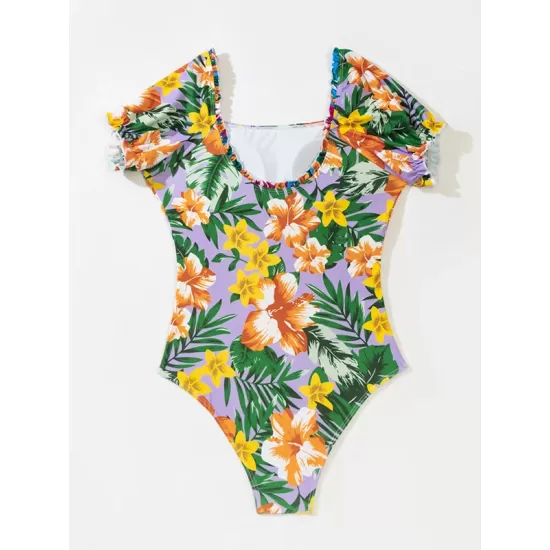 Square-Neck Puff Sleeves Floral Sexy Slim Fashin One-Piece Wetsuit Swimwear Square-Neck Puff Sleeves Floral Sexy Slim Fashin One-Piece Wetsuit Swimwear