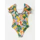 Square-Neck Puff Sleeves Floral Sexy Slim Fashin One-Piece Wetsuit Swimwear Square-Neck Puff Sleeves Floral Sexy Slim Fashin One-Piece Wetsuit Swimwear