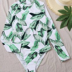 Floral Print Long Sleeve Hollow Zipper One-Piece Swimwear