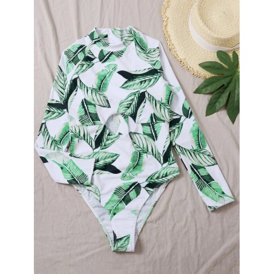 Floral Print Long Sleeve Hollow Zipper One-Piece Swimwear Floral Print Long Sleeve Hollow Zipper One-Piece Swimwear